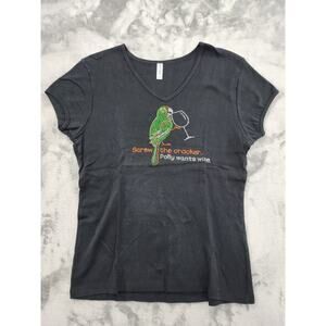 Chris's Stuff POLLY WANTS WINE Rhinestone V-Neck Short Sleeve T-Shirt XL Black